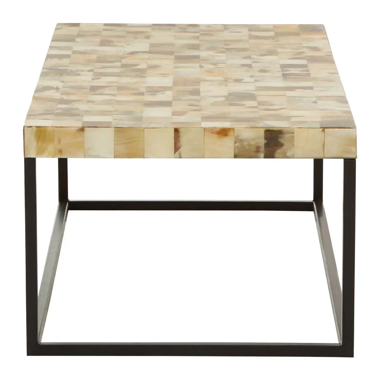 Rectangular coffee table with beige mosaic top and black metal frame, front view
