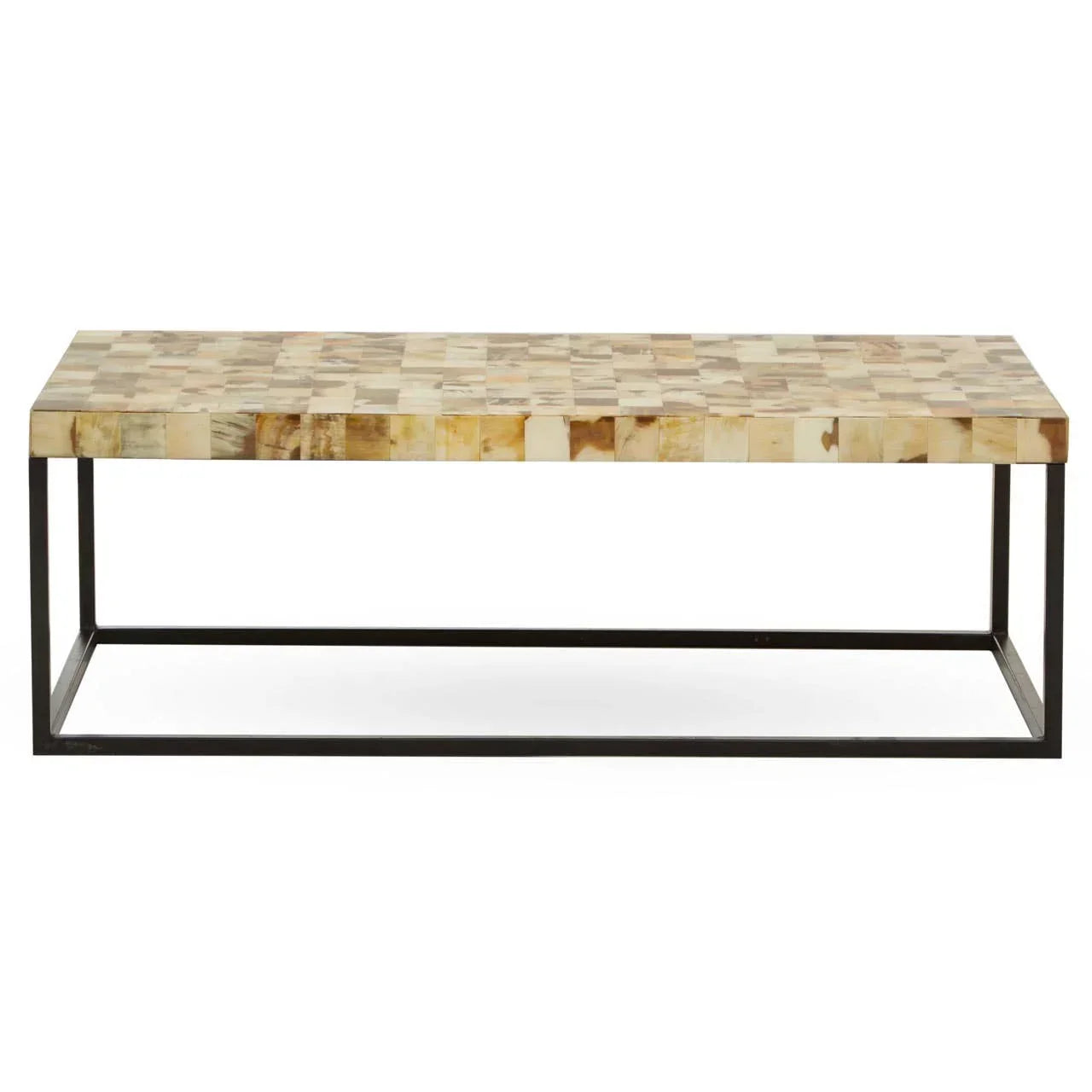 Rectangular coffee table with mosaic stone top and black metal frame, front view