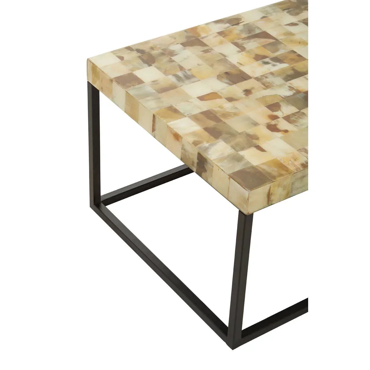 Rectangular coffee table with mosaic wood top and black metal frame, angle view