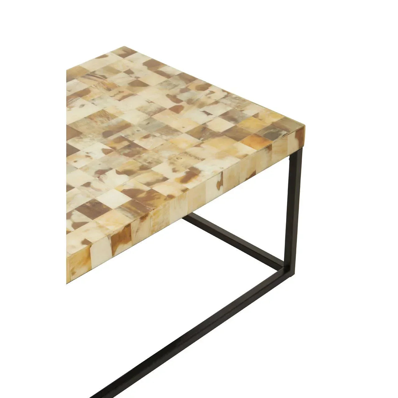 Square coffee table with brown mosaic top and black metal frame, side angle view