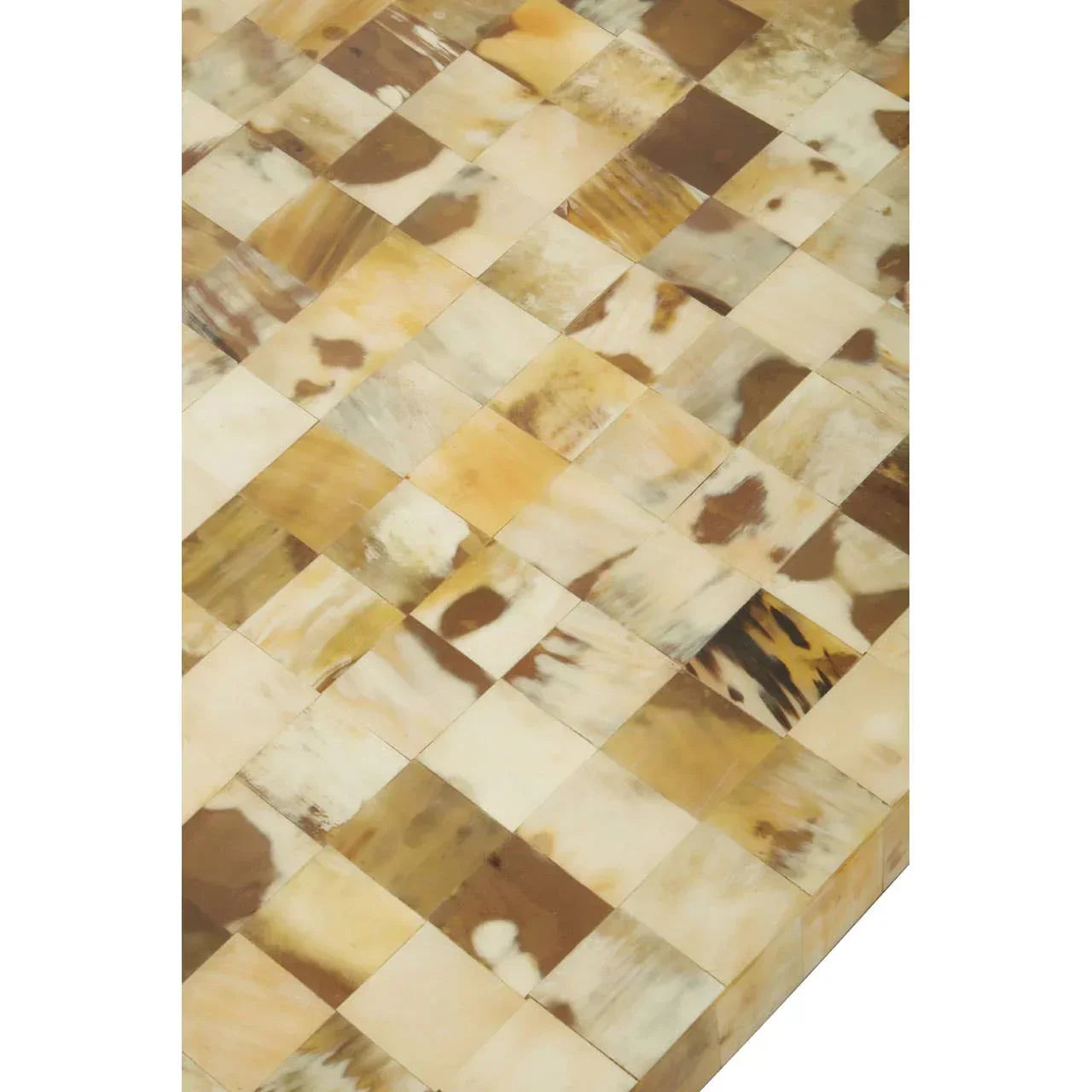 Close-up of square mosaic coffee table top with natural horn inlay in brown and cream tones