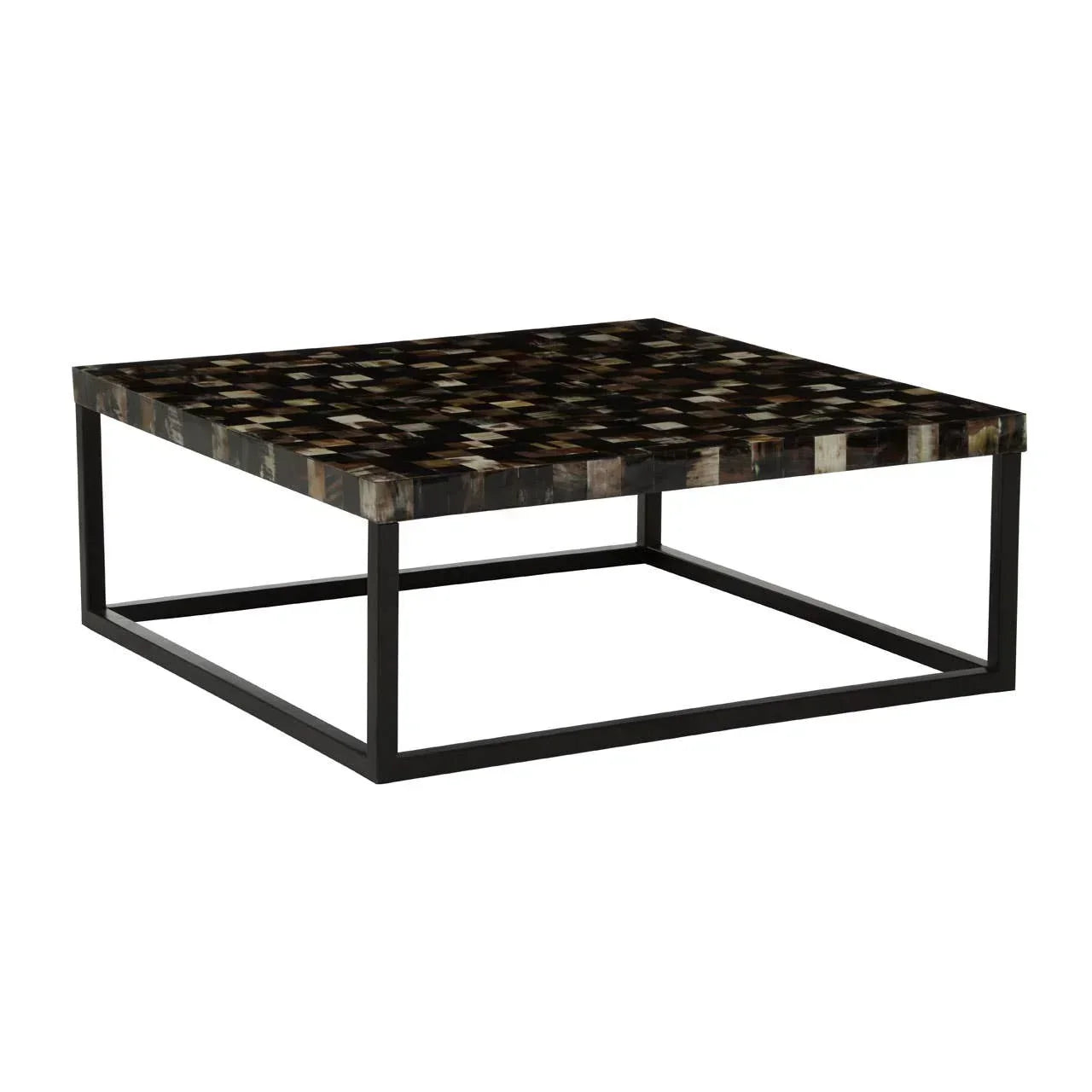Square coffee table with mosaic top and black metal frame
