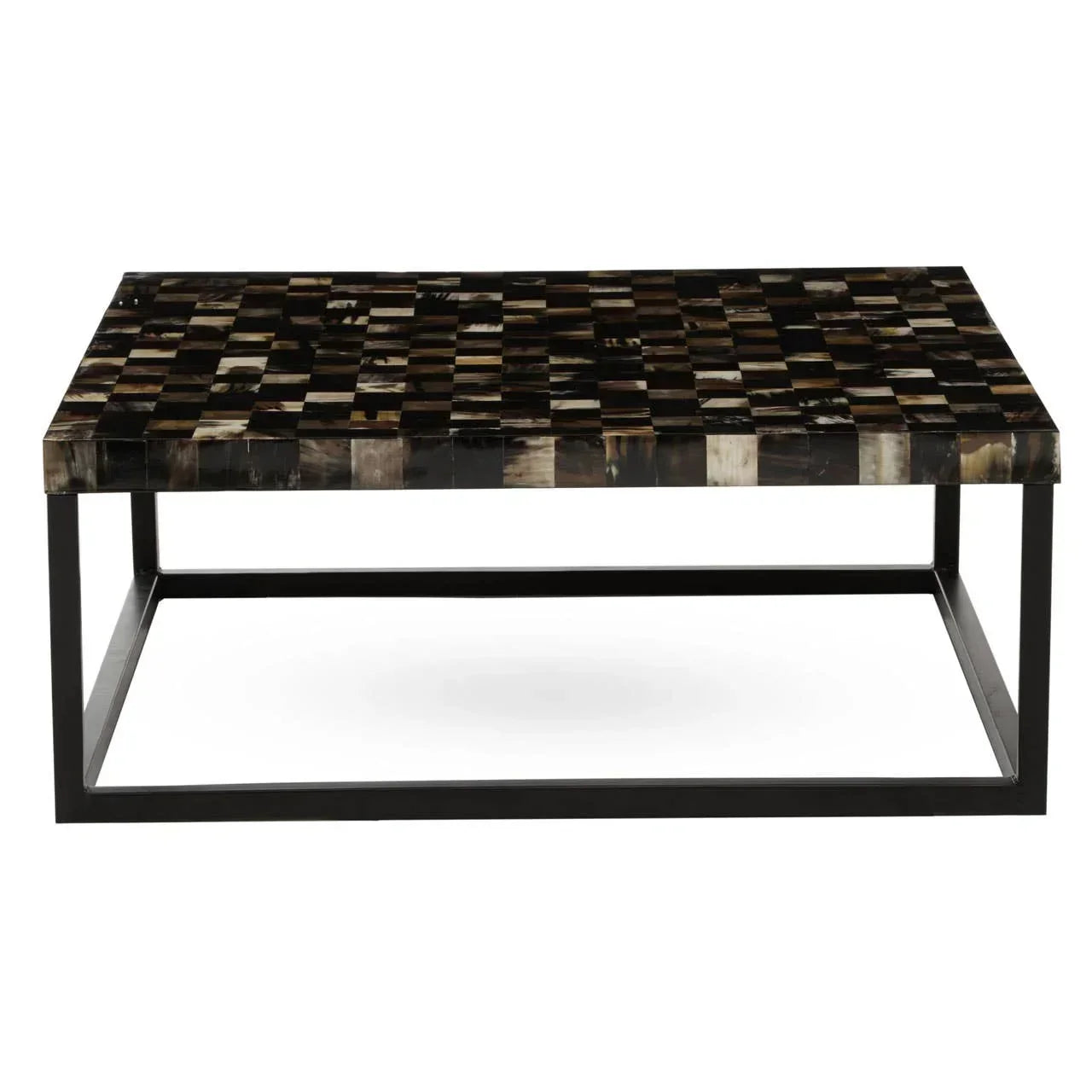 Rectangular coffee table with black metal frame and checkered horn inlay top