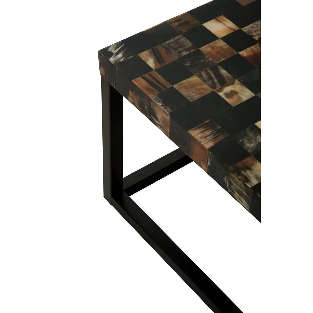 Checkered top coffee table with black and brown pattern and black metal legs, corner view