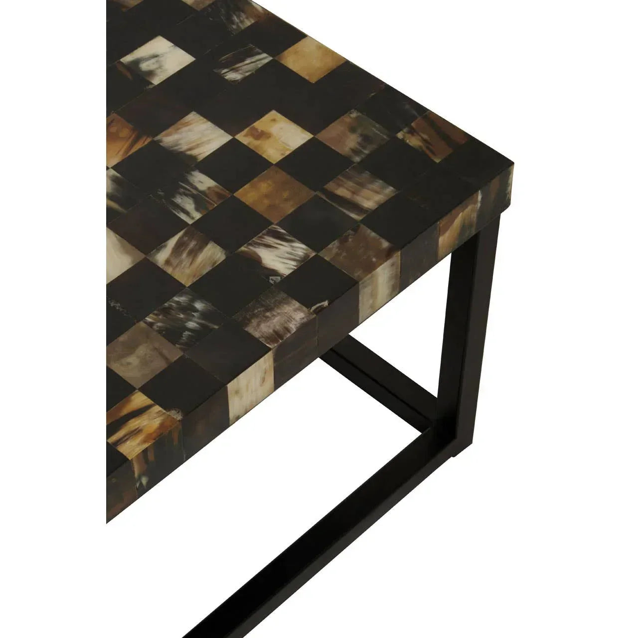 Checkered pattern coffee table with black metal legs and brown mosaic top corner view