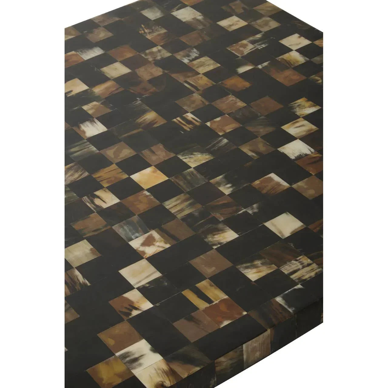 Rectangular coffee table with brown black checkerboard mosaic surface detail