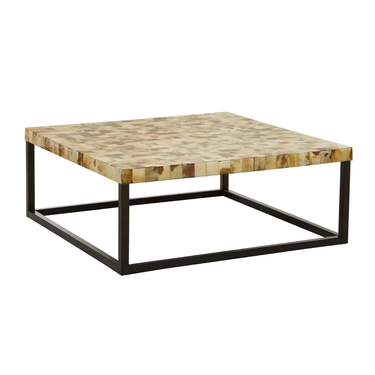 Square coffee table with mosaic wood top and black metal frame, side angle view