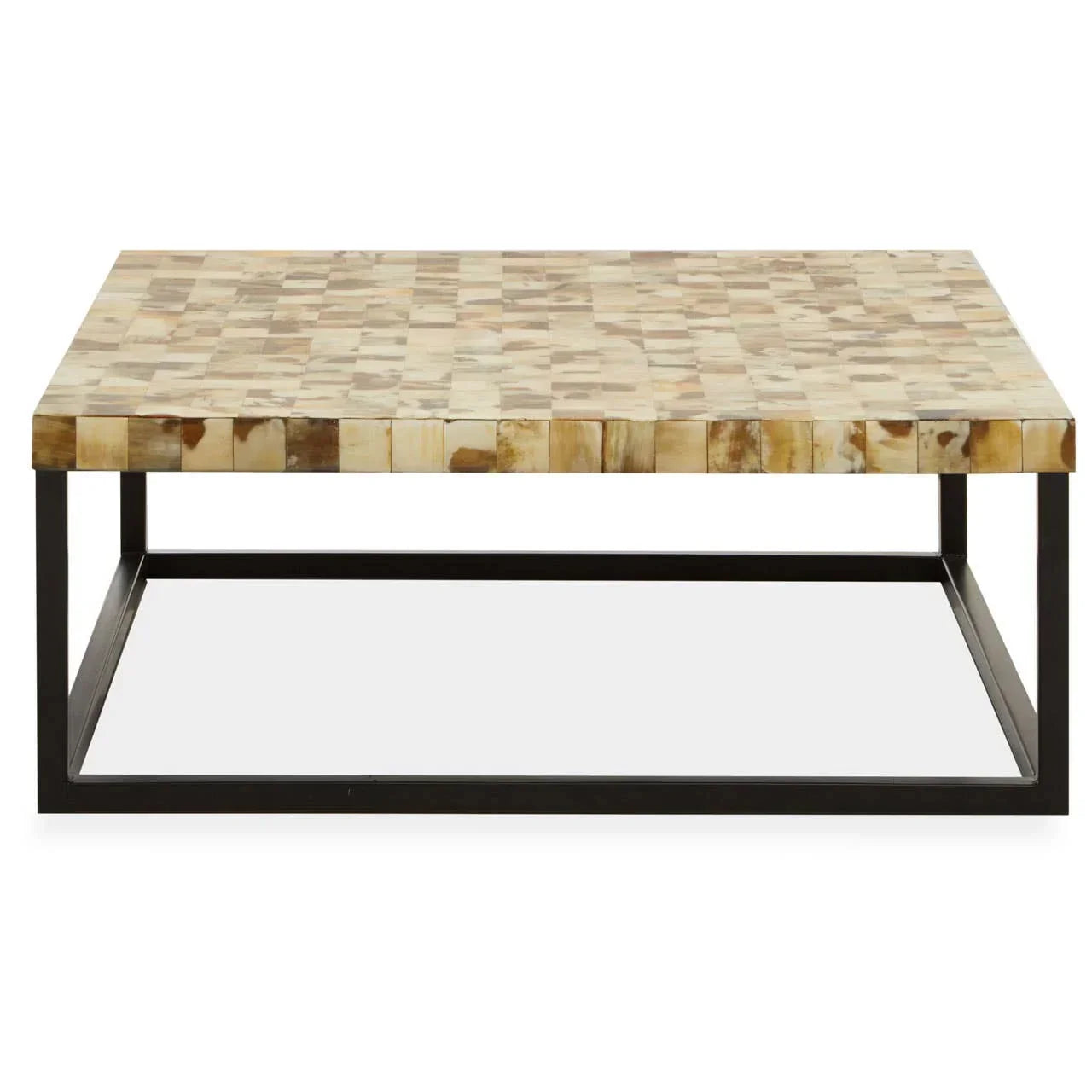 Square coffee table with mosaic wood top and black metal frame, front angle view