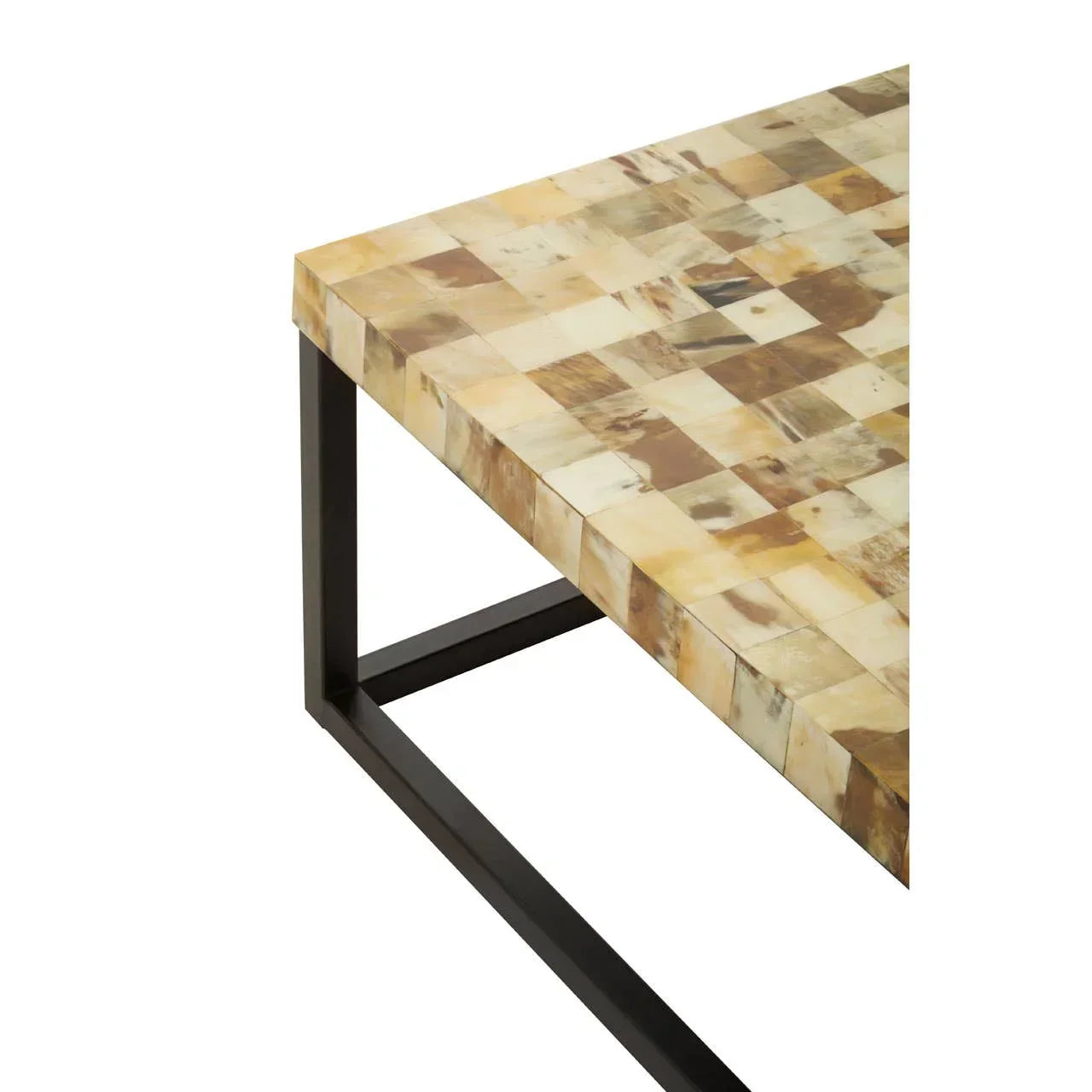 Rectangular coffee table with mosaic stone top and black metal frame, corner angle view