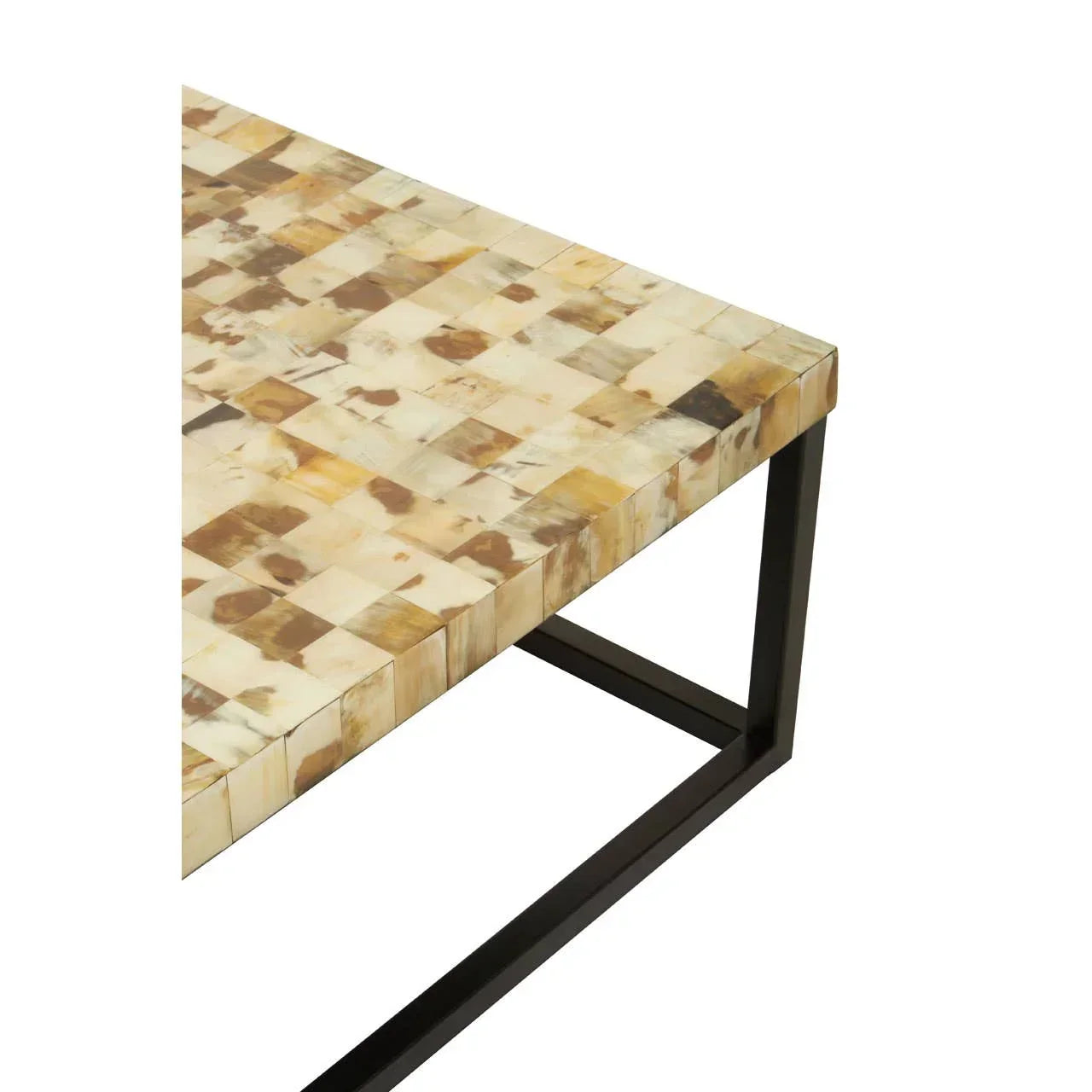 Square coffee table with mosaic top and black metal legs, close-up corner view