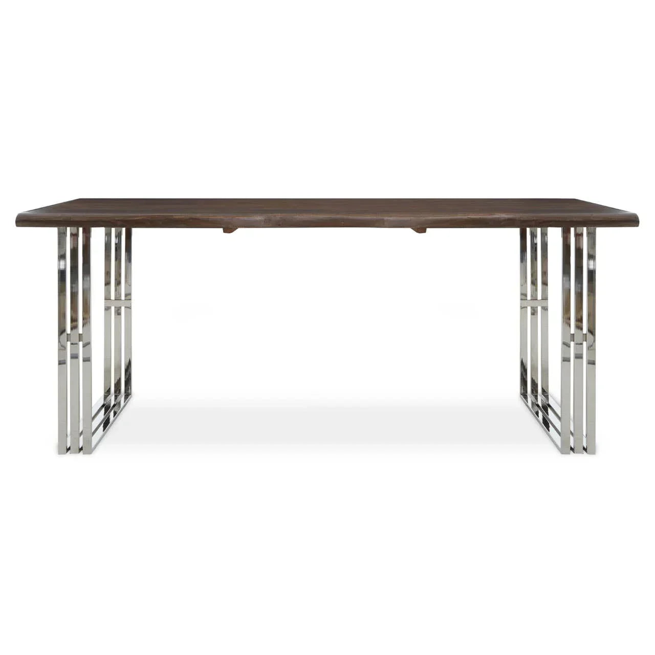 Rectangular dining table with dark wood top and chrome metal legs, front angle view