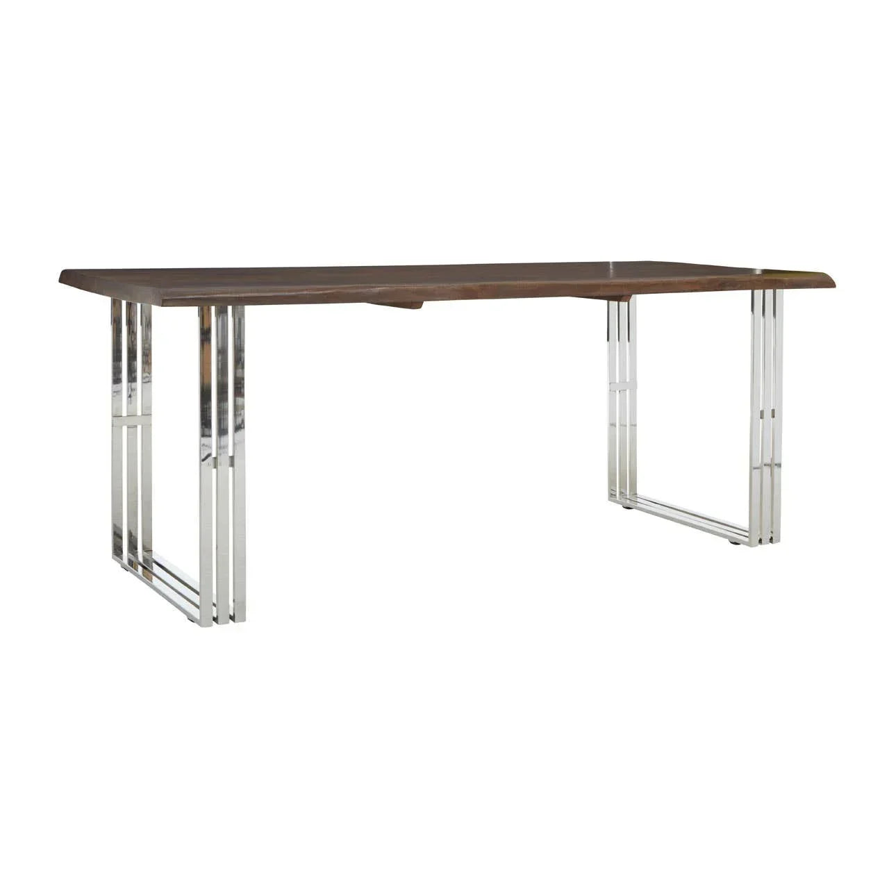 Rectangular wooden dining table with polished chrome metal legs, modern design