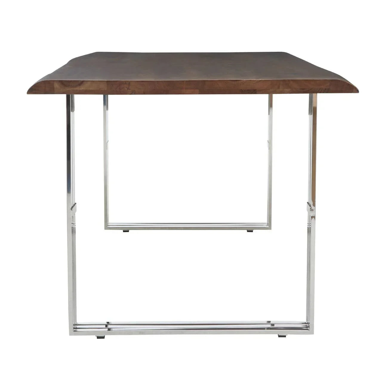 Rectangular wooden dining table with live edge top and chrome metal legs, front view