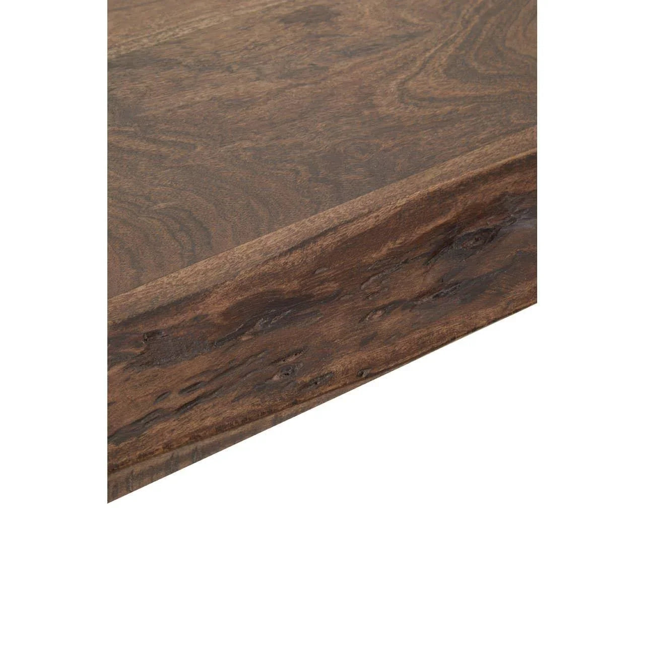 Close-up of solid wood furniture edge with natural grain and rustic live edge finish