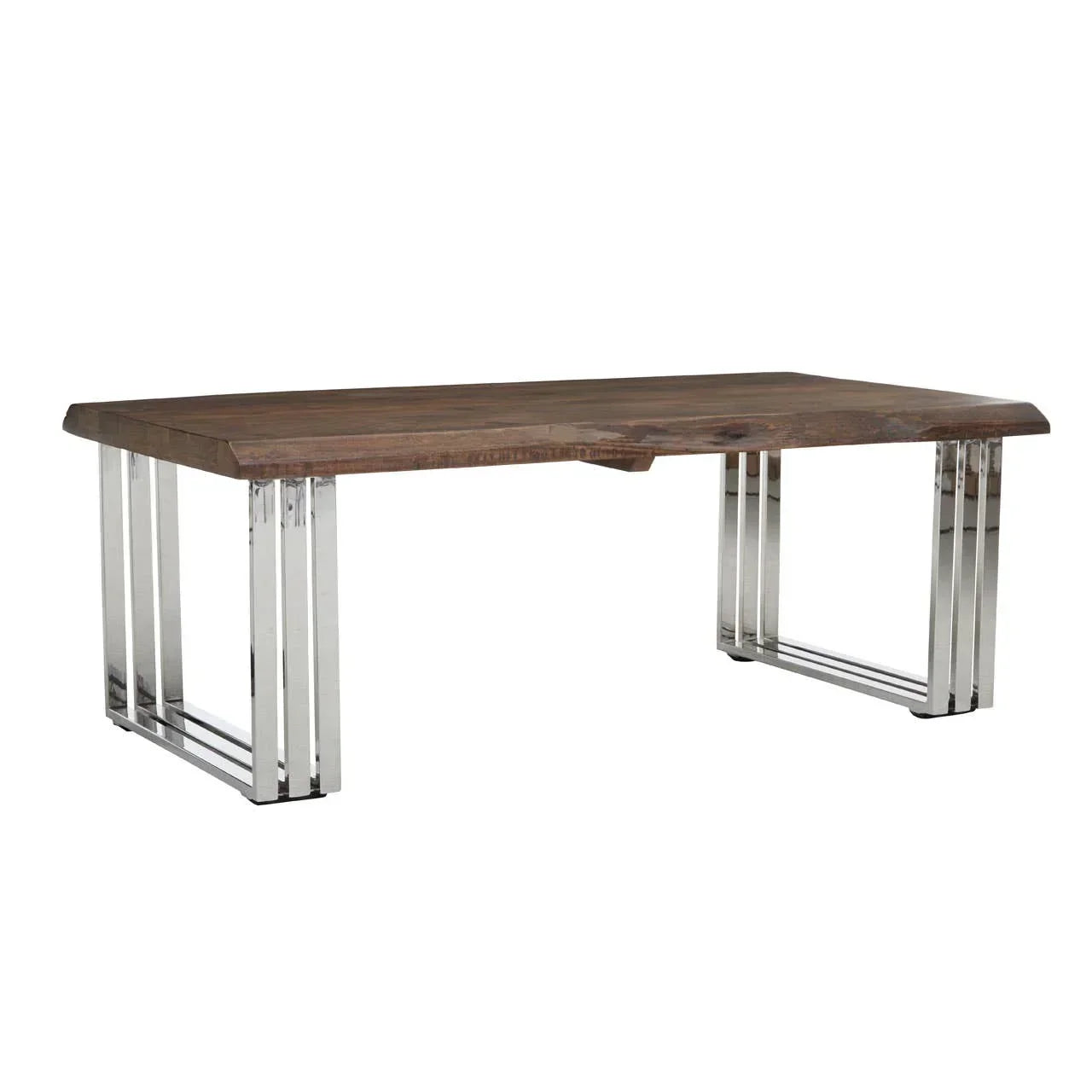 Rectangular wooden dining table with chrome metal legs, live edge design, angled view