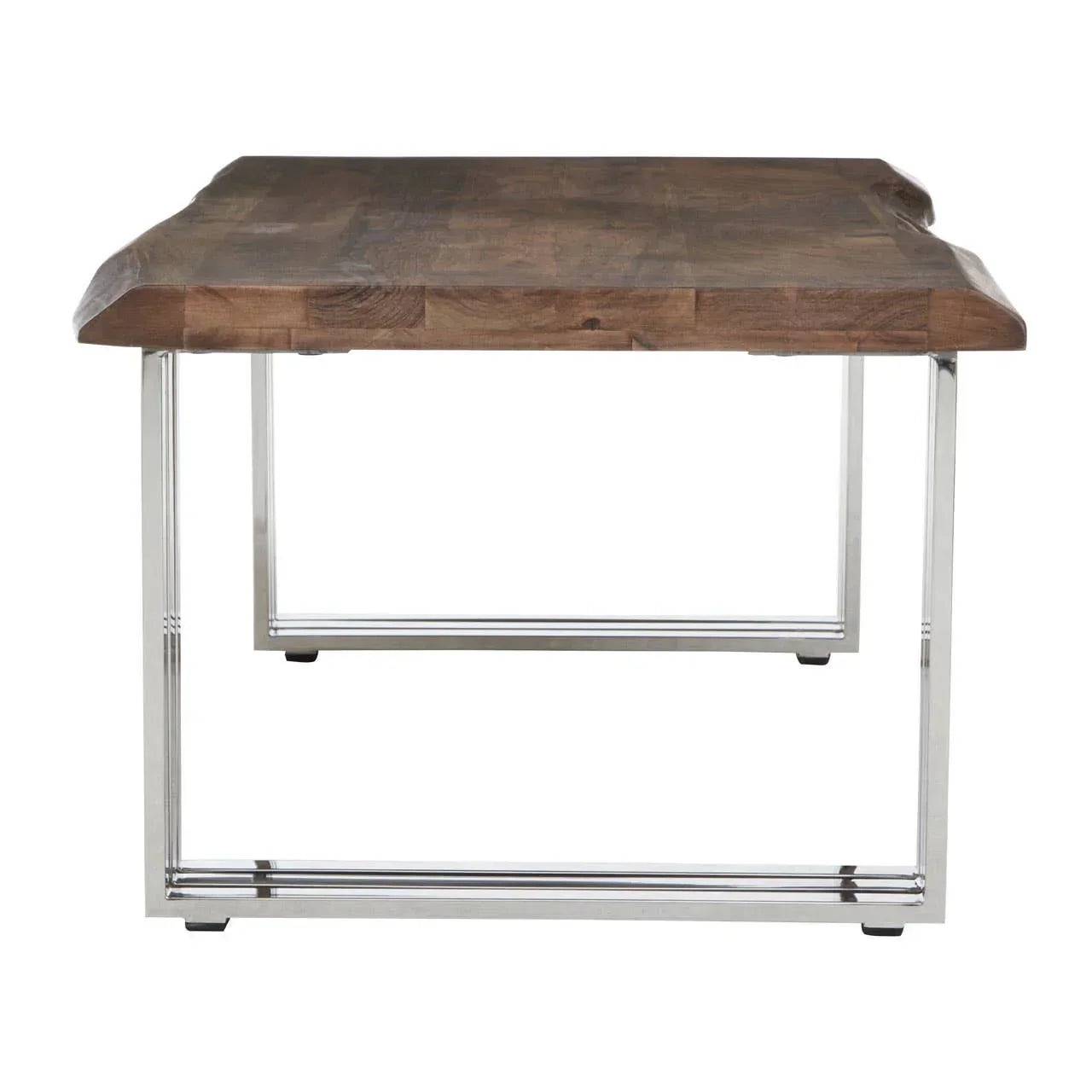 Live edge wooden dining table with metal legs, front view