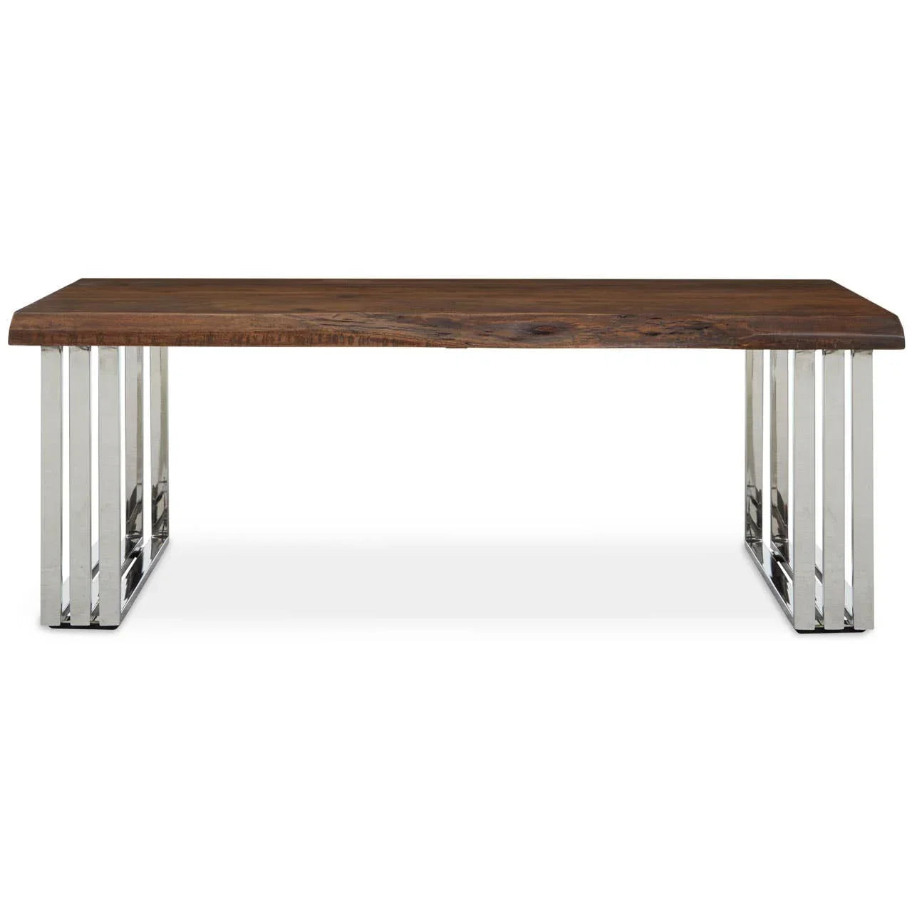 Rectangular dining table with solid wood top and chrome metal legs, front view