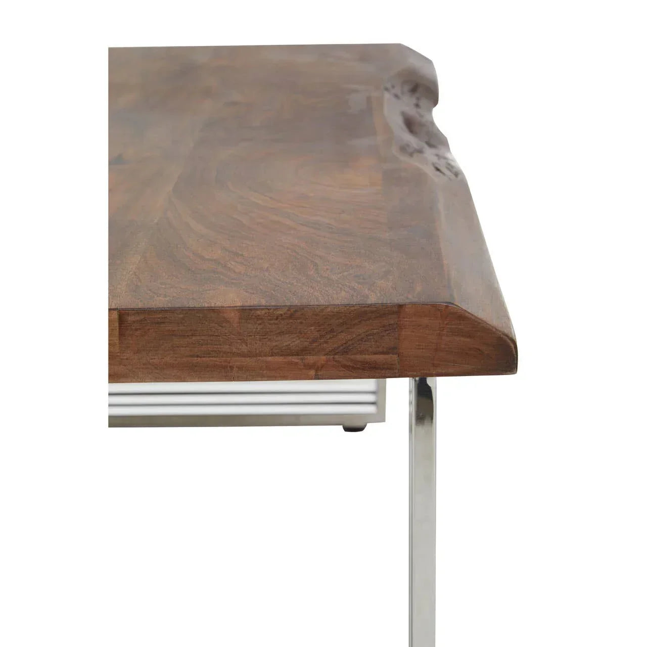 Solid wood dining table with natural edge and metal legs, close-up of tabletop corner
