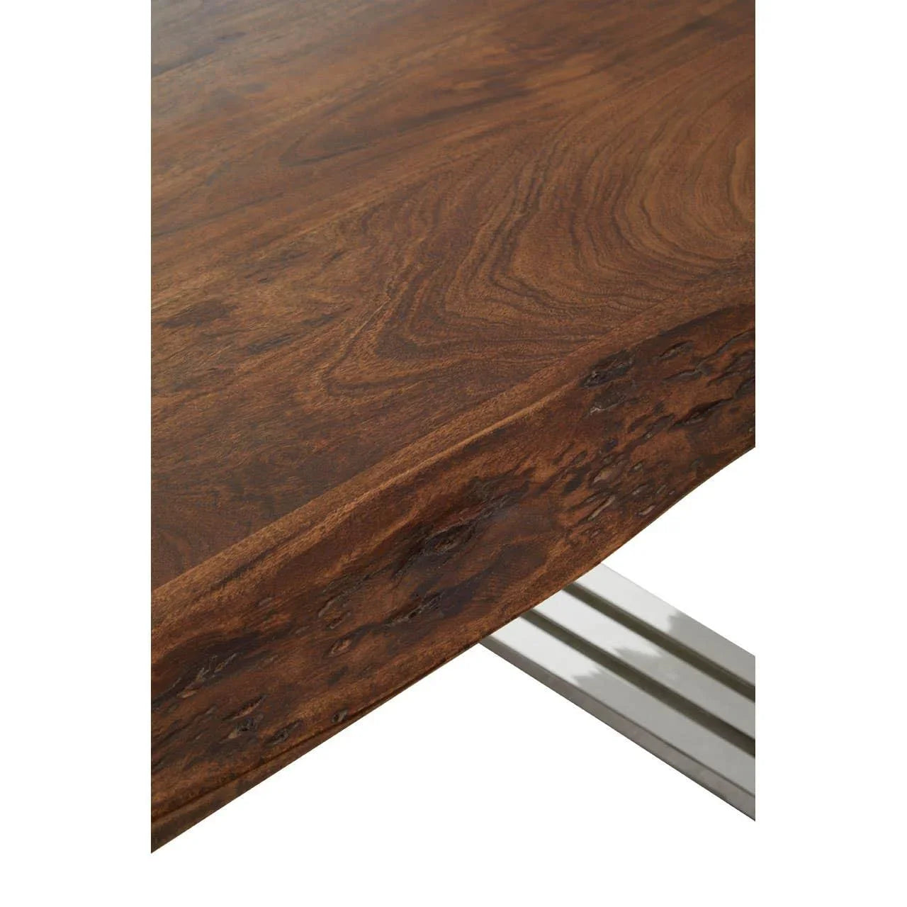 Live edge acacia wood dining table with stainless steel legs, close-up of surface detail