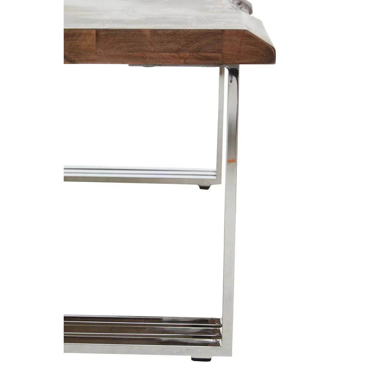 Side view of wooden dining table with stainless steel frame and modern edge detail