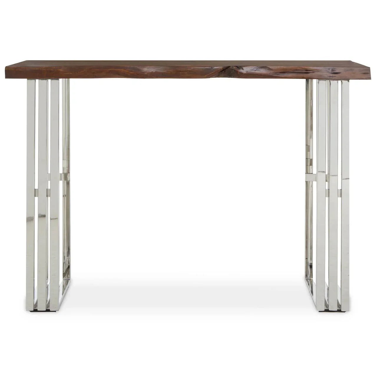 Modern console table with a solid wood top and chrome metal legs, photographed from the front