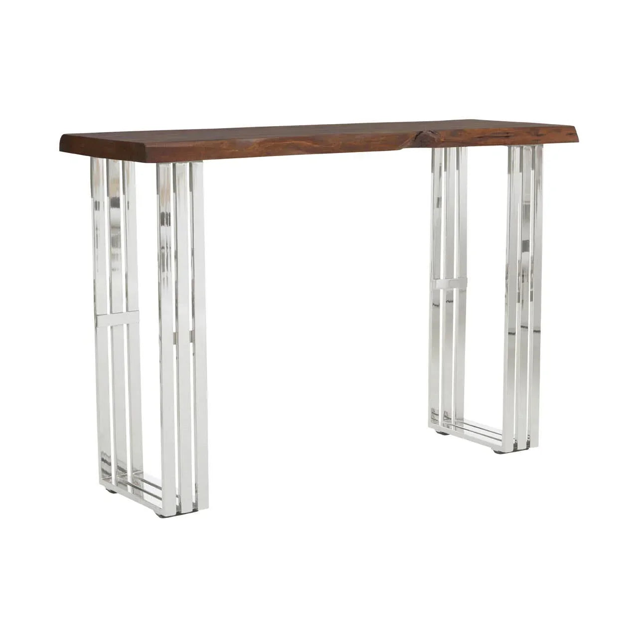 Console table with solid wood top and chrome metal legs, modern hallway furniture