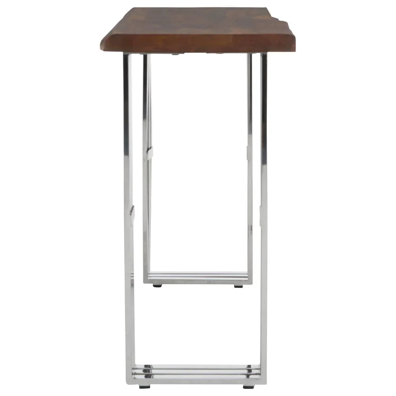 Side view of wooden console table with chrome metal legs