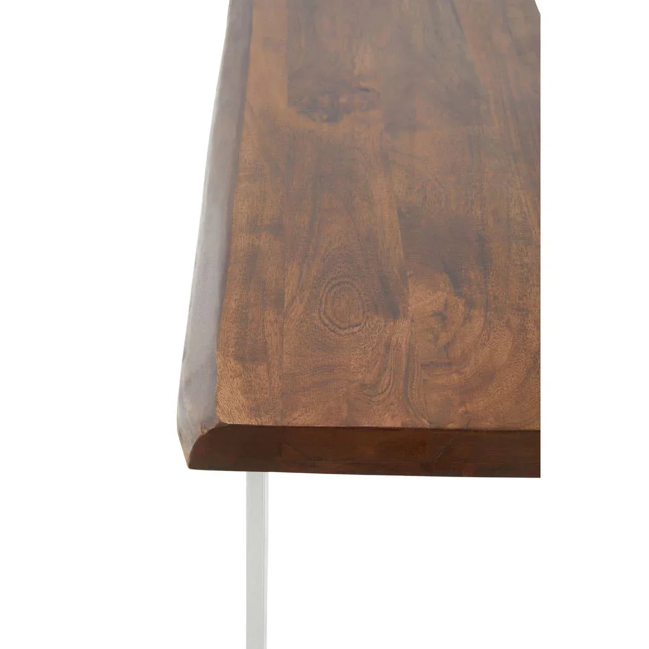 Solid wood dining table top with natural grain and live edge, metal leg visible