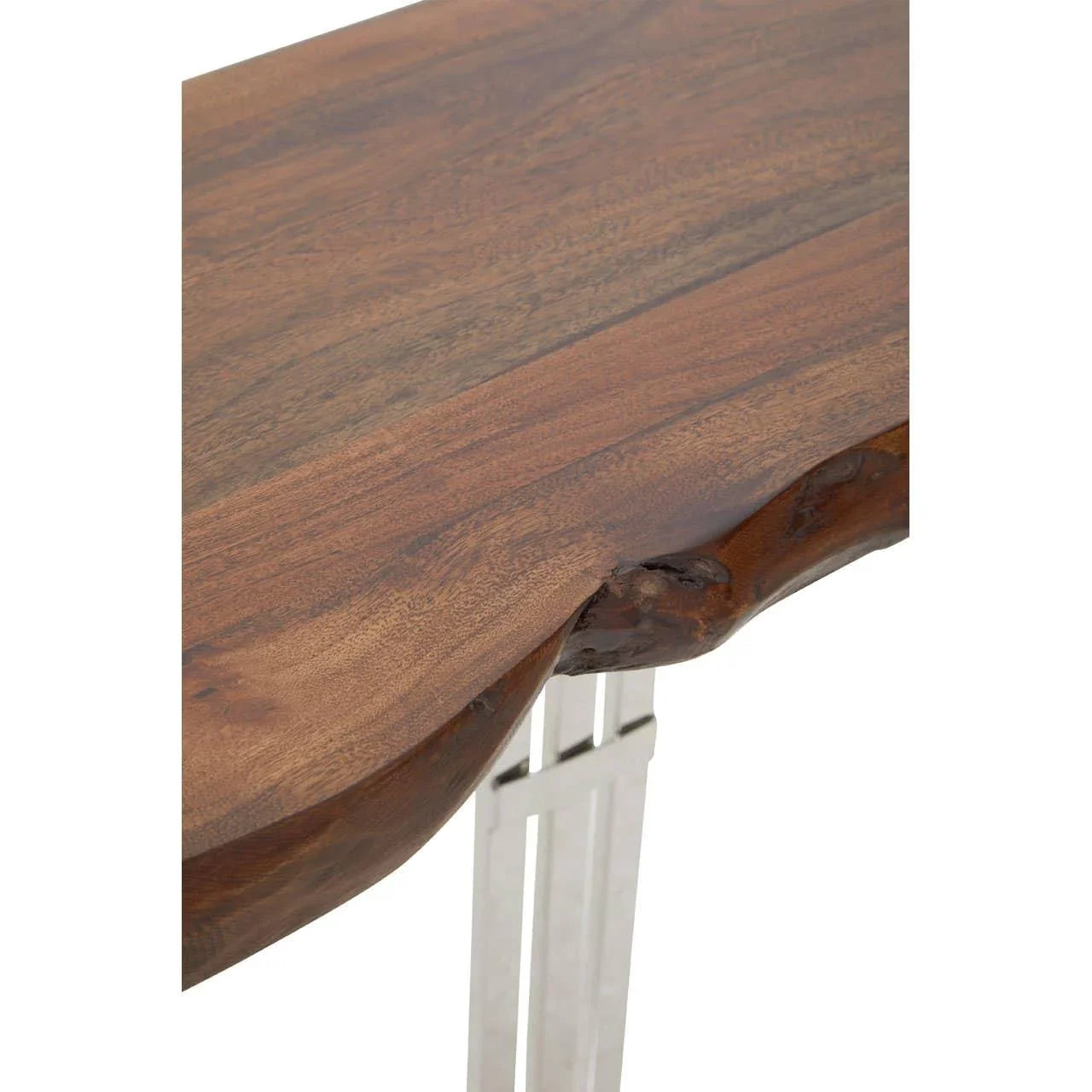 Live edge wood console table with natural grain top and chrome metal legs