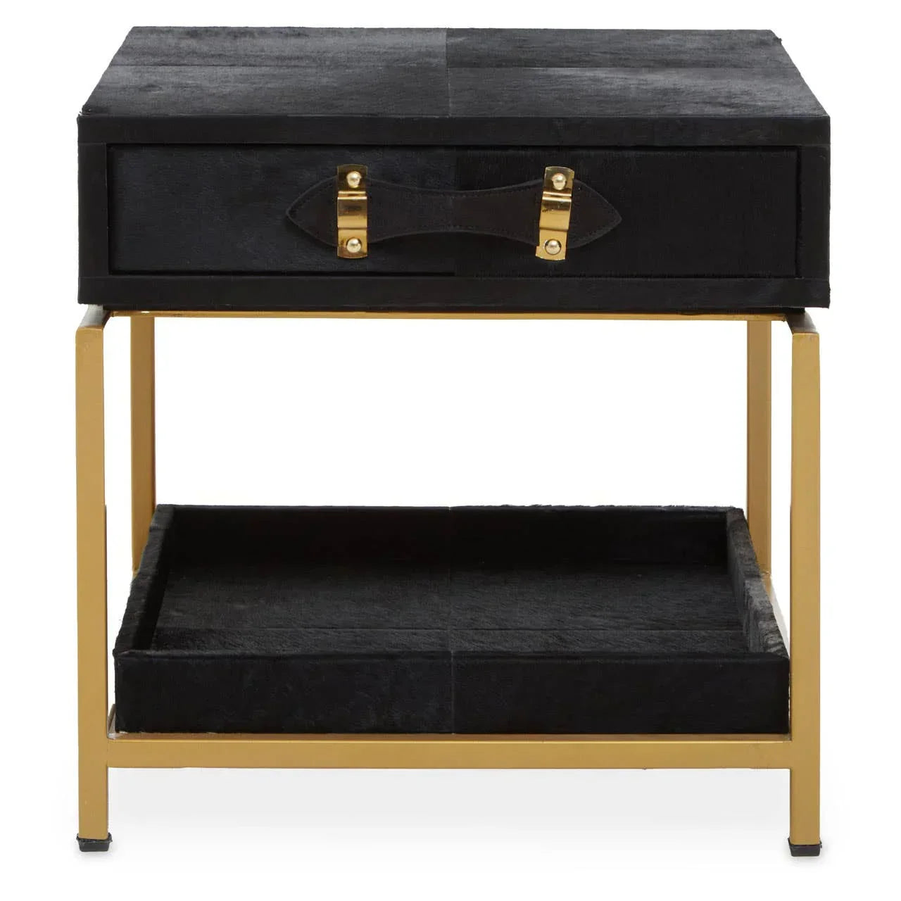 Black bedside table with gold metal frame, single drawer, and open lower shelf