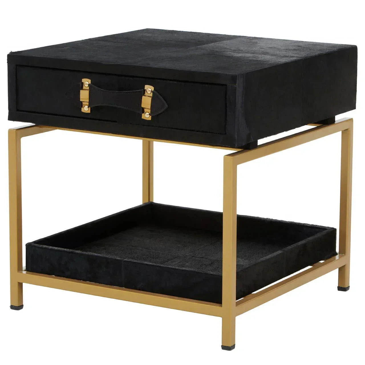 Black side table with gold metal frame, drawer and lower storage shelf