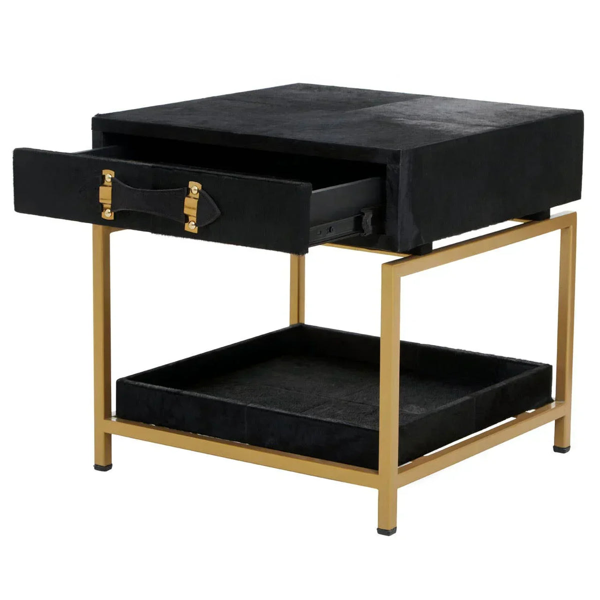 Black modern side table with open drawer, gold metal frame and lower shelf