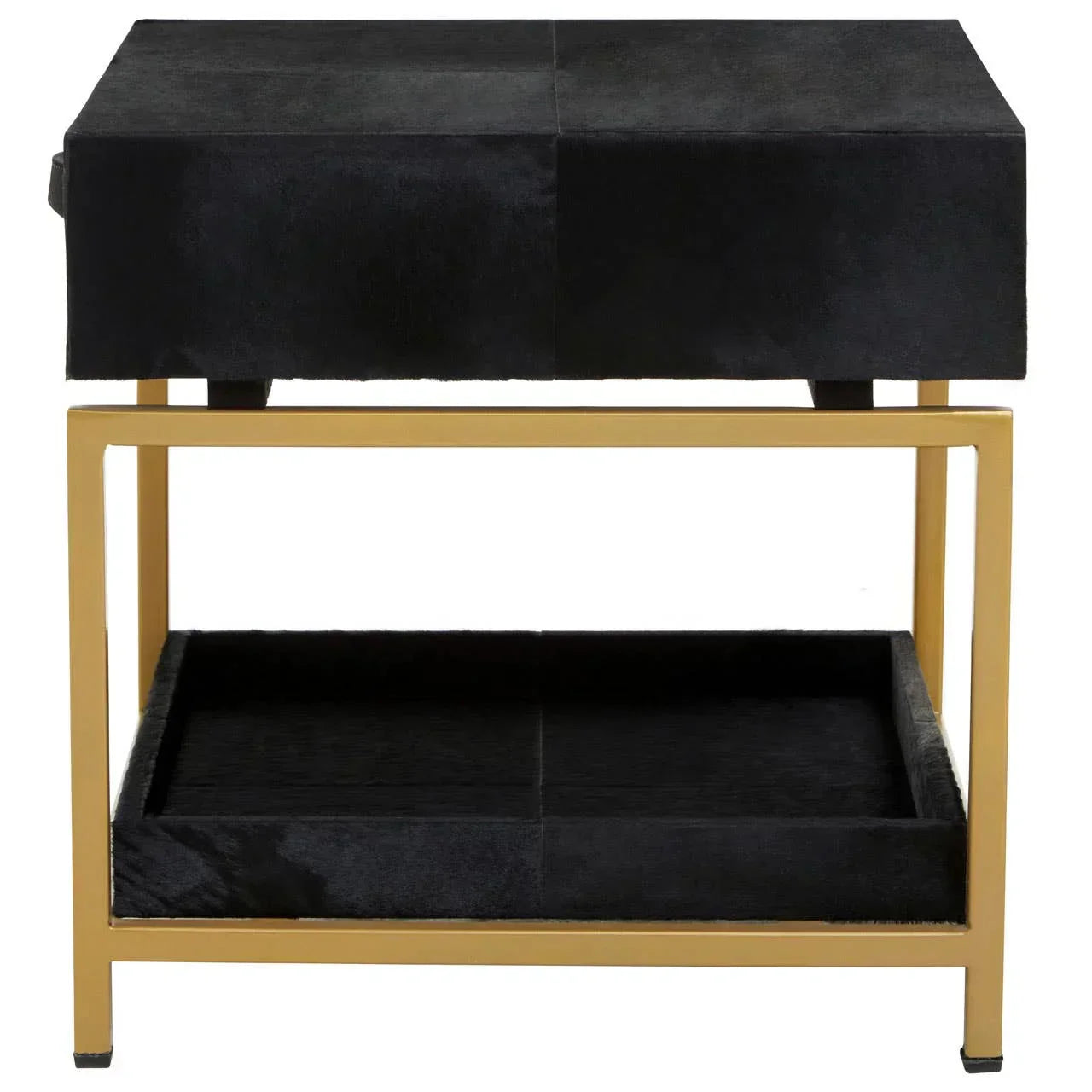 Black side table with gold metal frame and lower storage shelf, modern square design