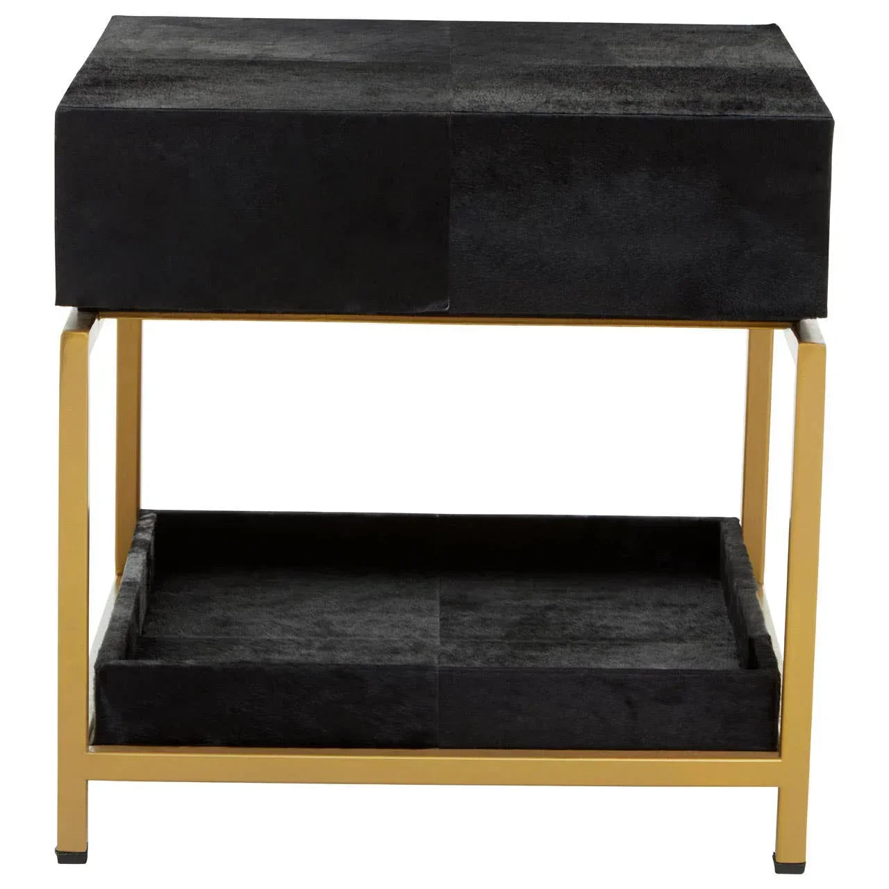 Black two-tier side table with gold metal frame and lower storage shelf