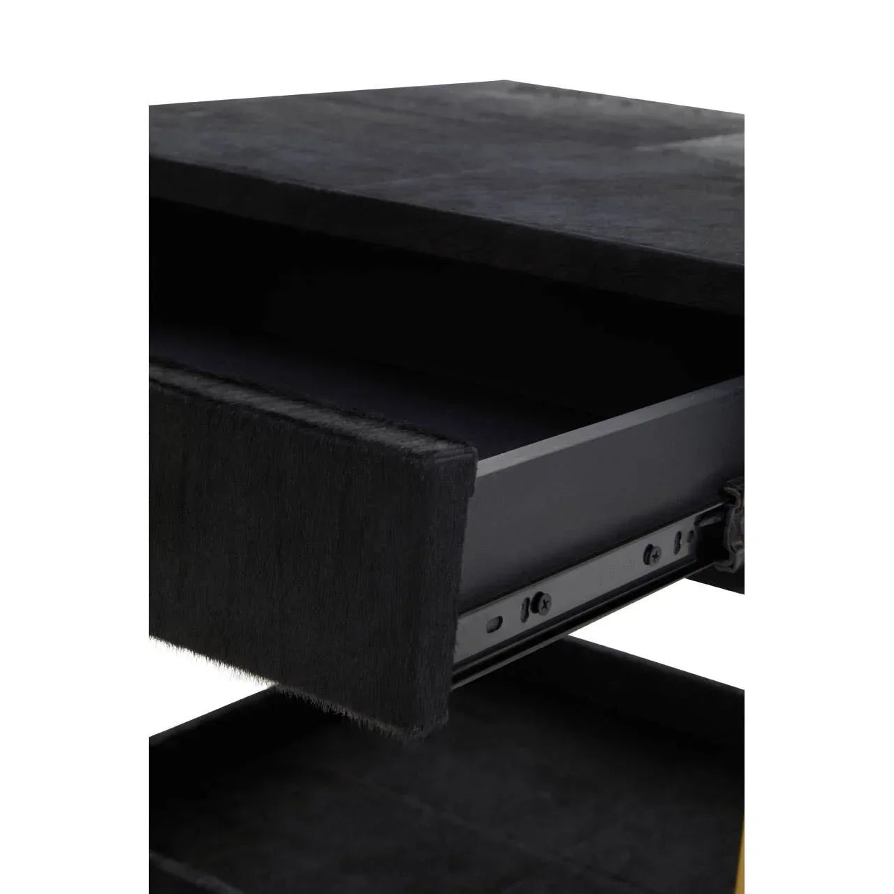 Closeup of black bedside table with soft textured drawer fronts and smooth metal runners