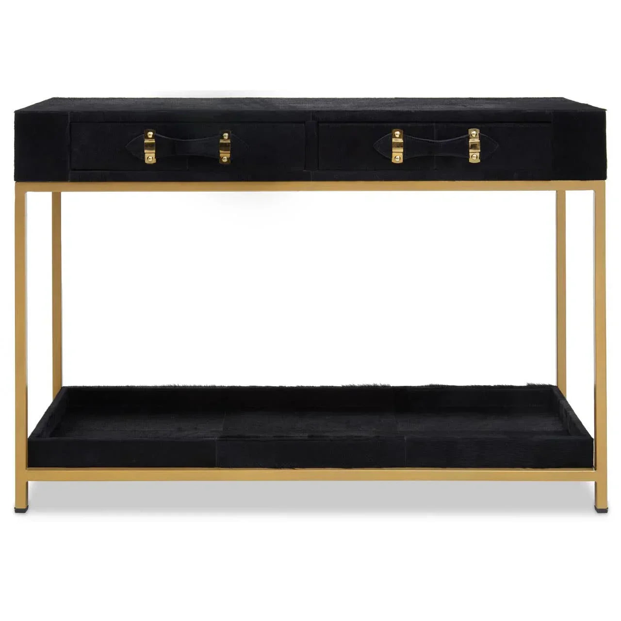 Black console table with gold metal frame, two drawers, and lower storage shelf