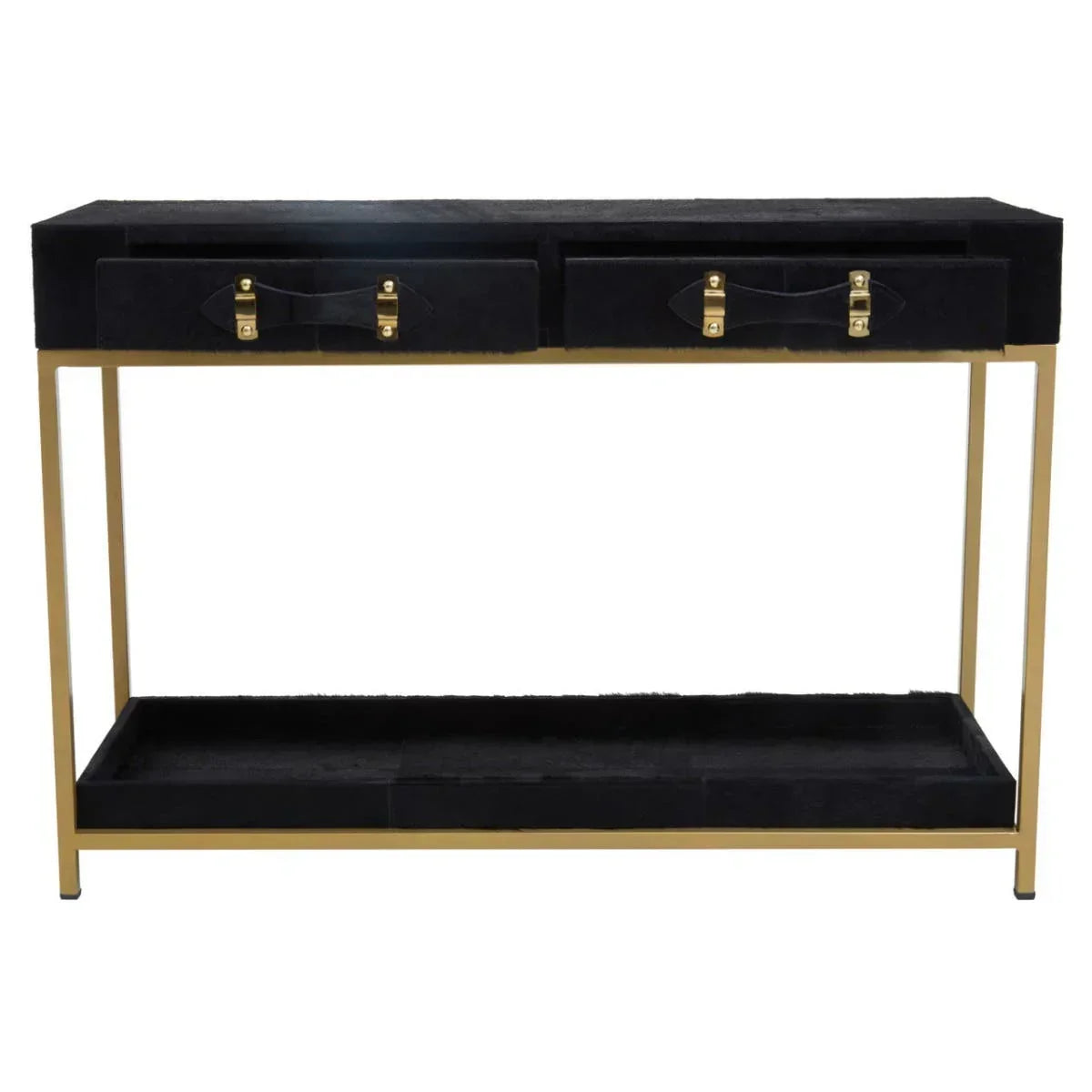 Black console table with gold metal frame, two drawers with handles and lower shelf