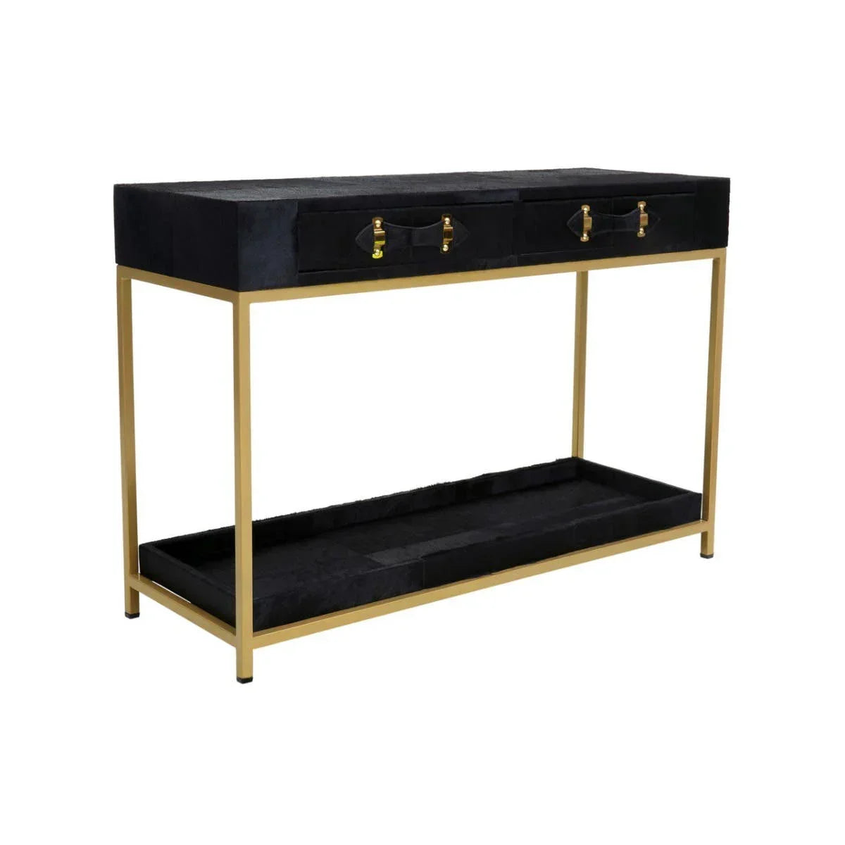 Black console table with gold metal frame, two drawers, and lower shelf