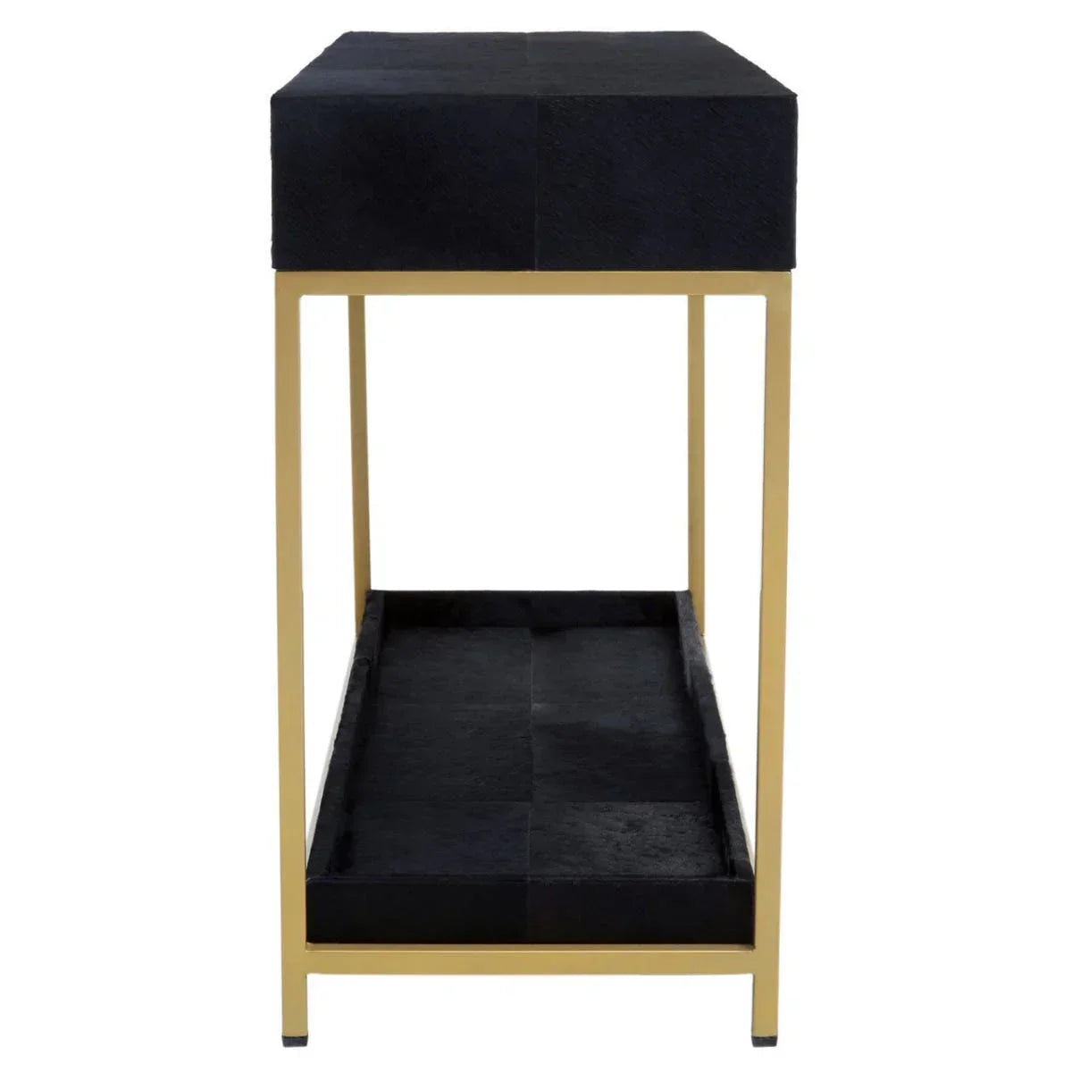 Black and gold console table with lower storage shelf, side view