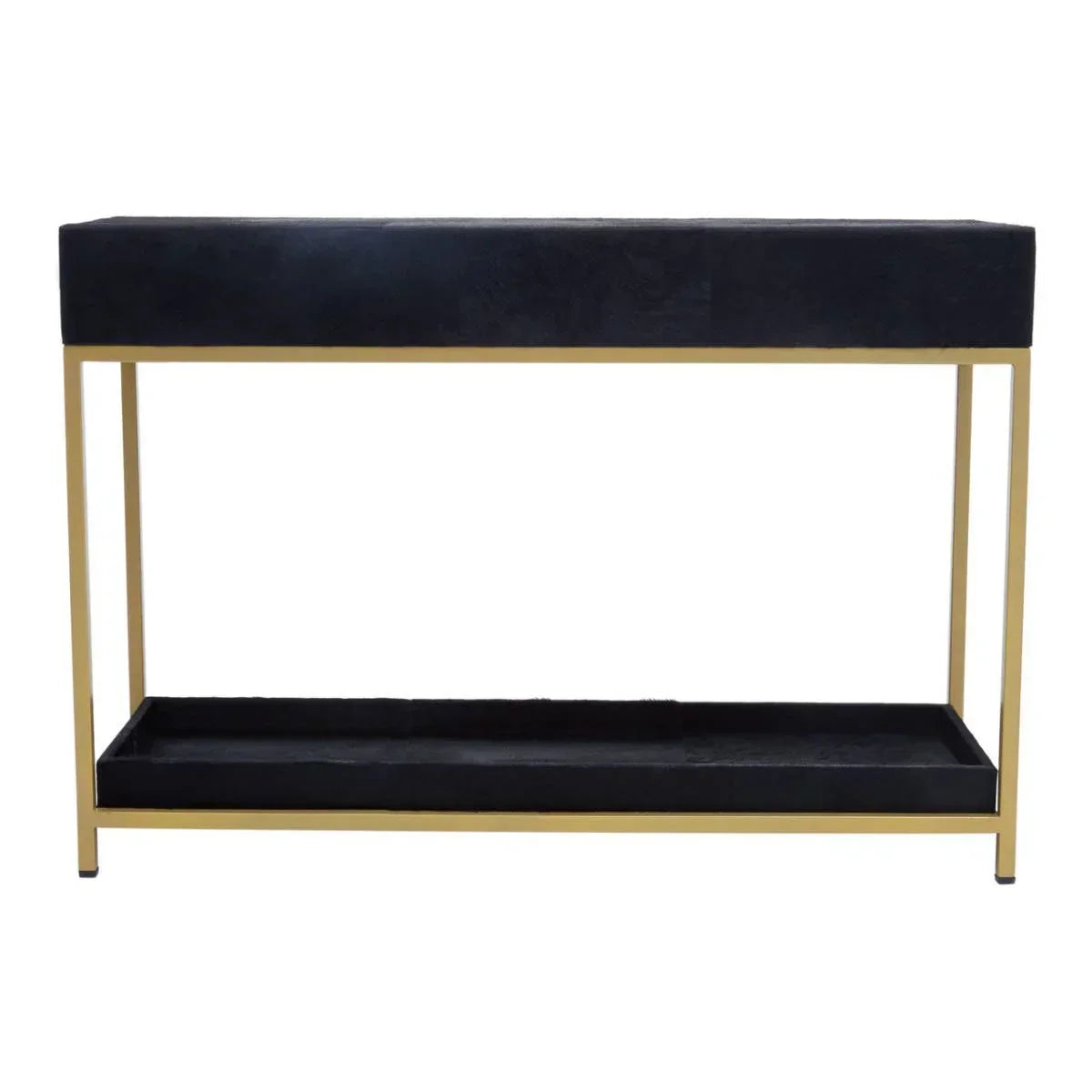 Black console table with gold metal frame and lower shelf, modern rectangular design