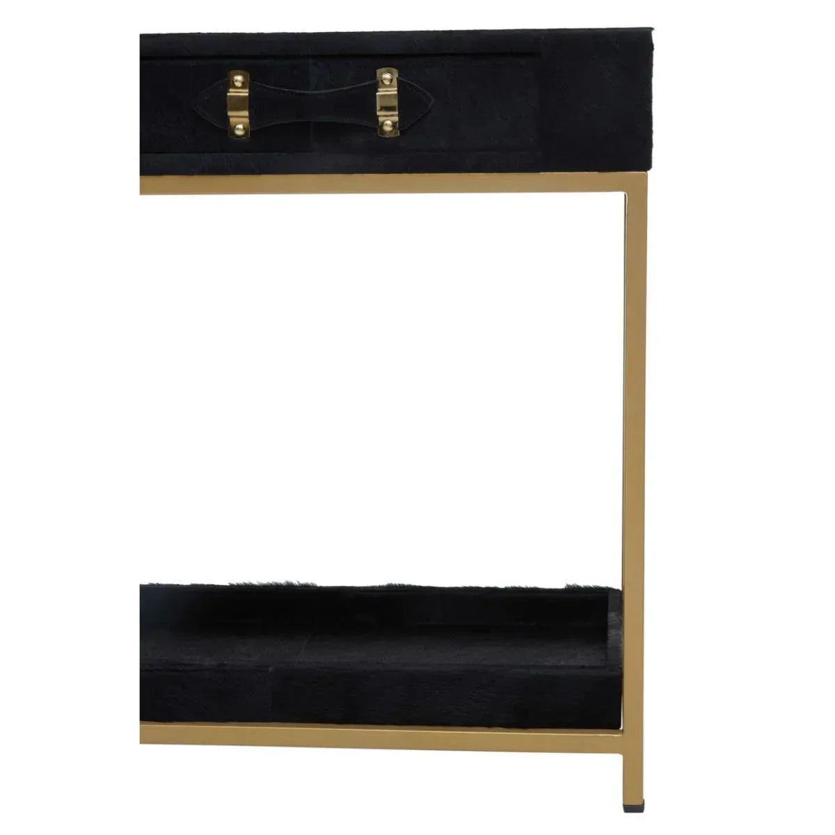 Black console table with gold metal frame and single drawer featuring brass handle