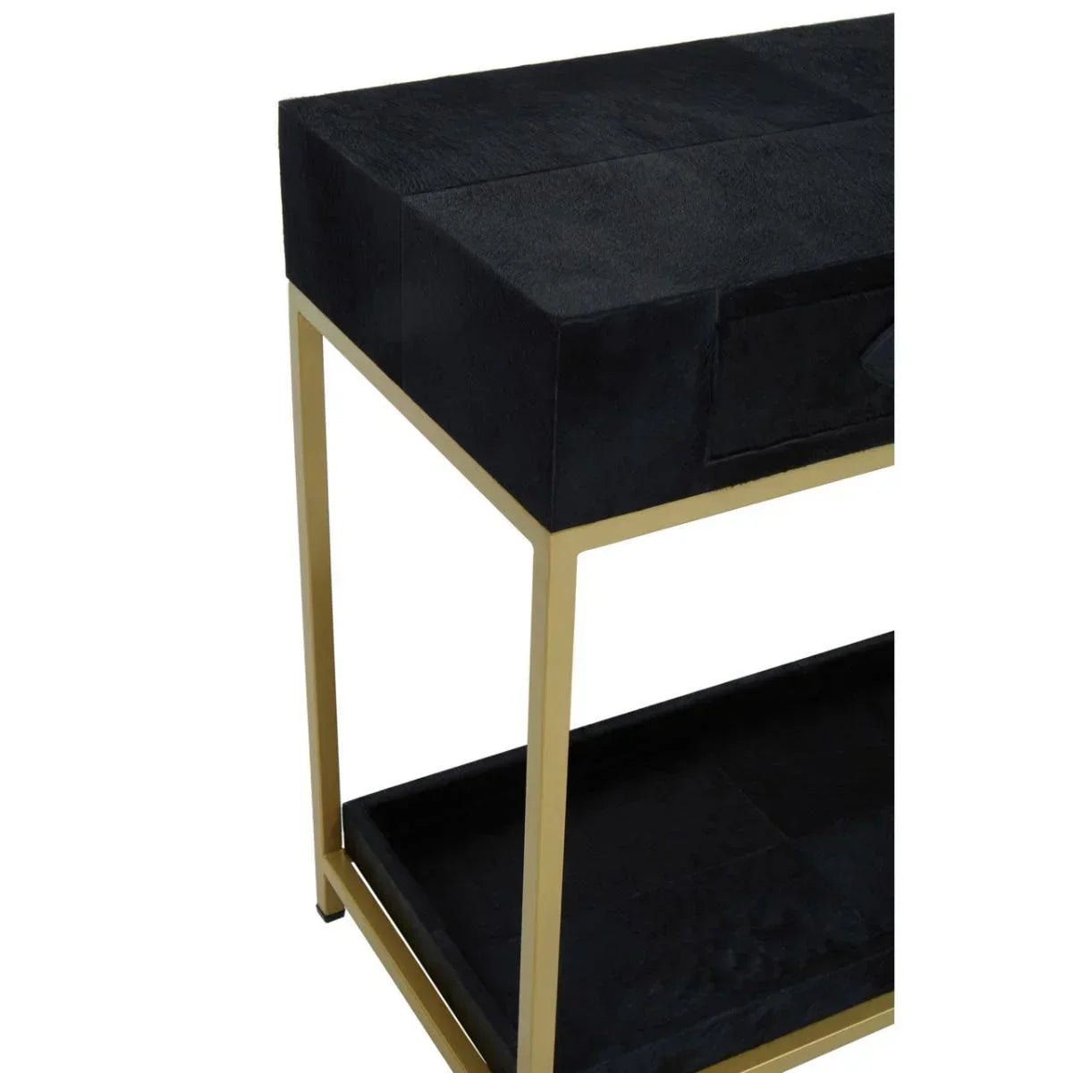 Black console table with gold metal frame and lower shelf, close side angle view