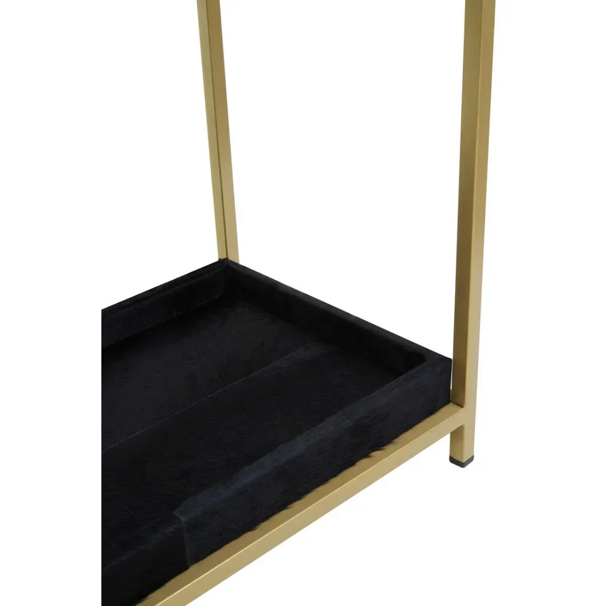 Black velvet shelf with gold metal frame, corner view, modern furniture detail