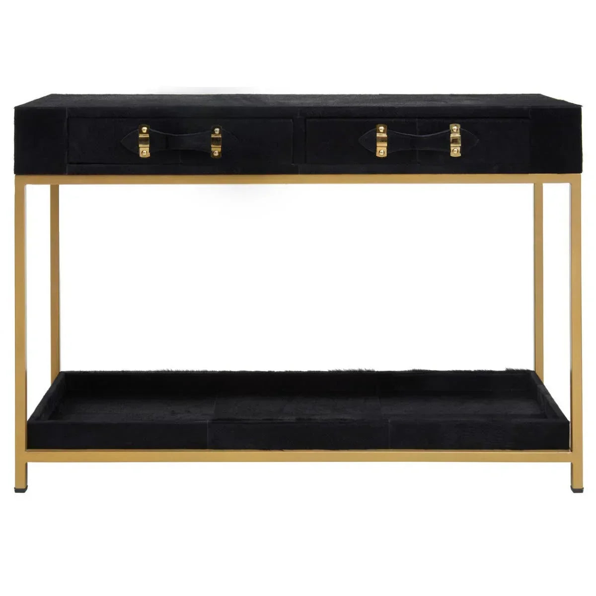 Black console table with gold metal frame, two drawers and lower shelf, front view