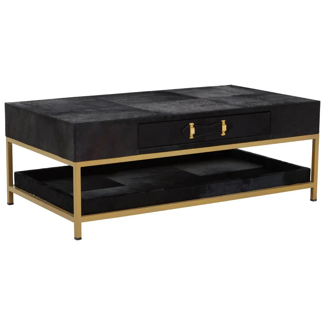 Black coffee table with gold frame, single drawer, and lower shelf for living room storage