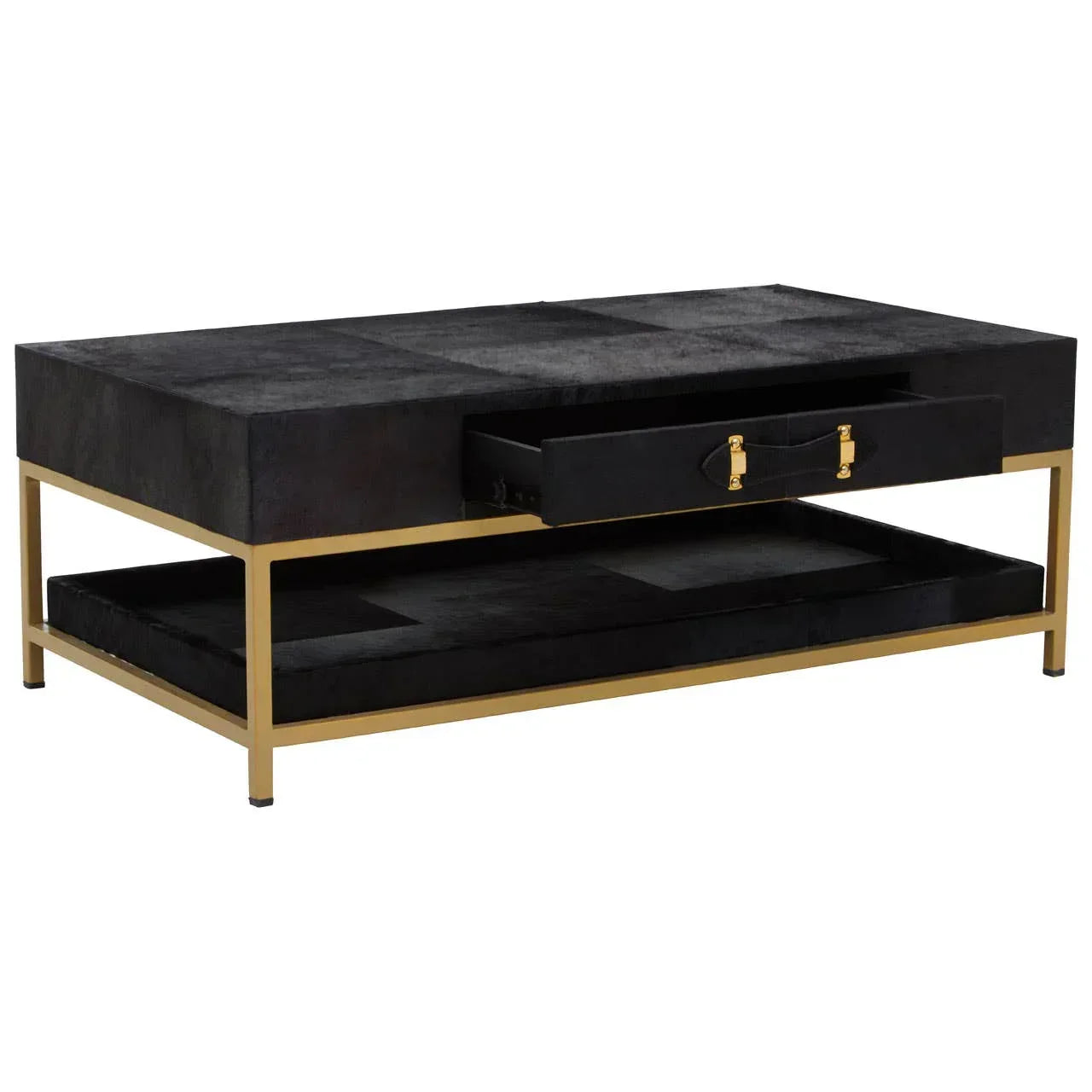 Black coffee table with gold metal frame, pull-out drawer and lower storage shelf