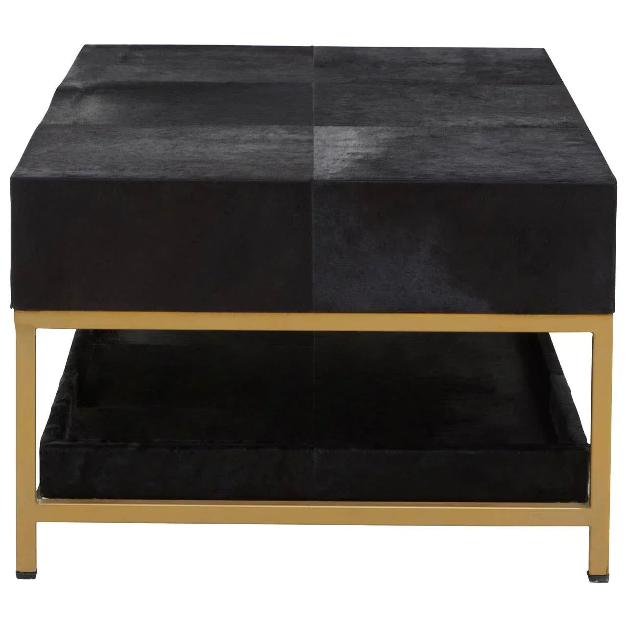 Black square coffee table with gold metal frame and lower shelf