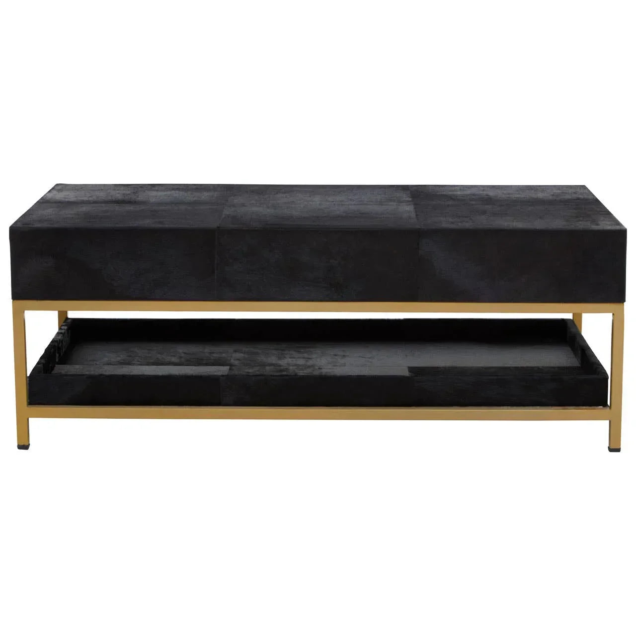 Black rectangular coffee table with gold metal frame and lower storage shelf