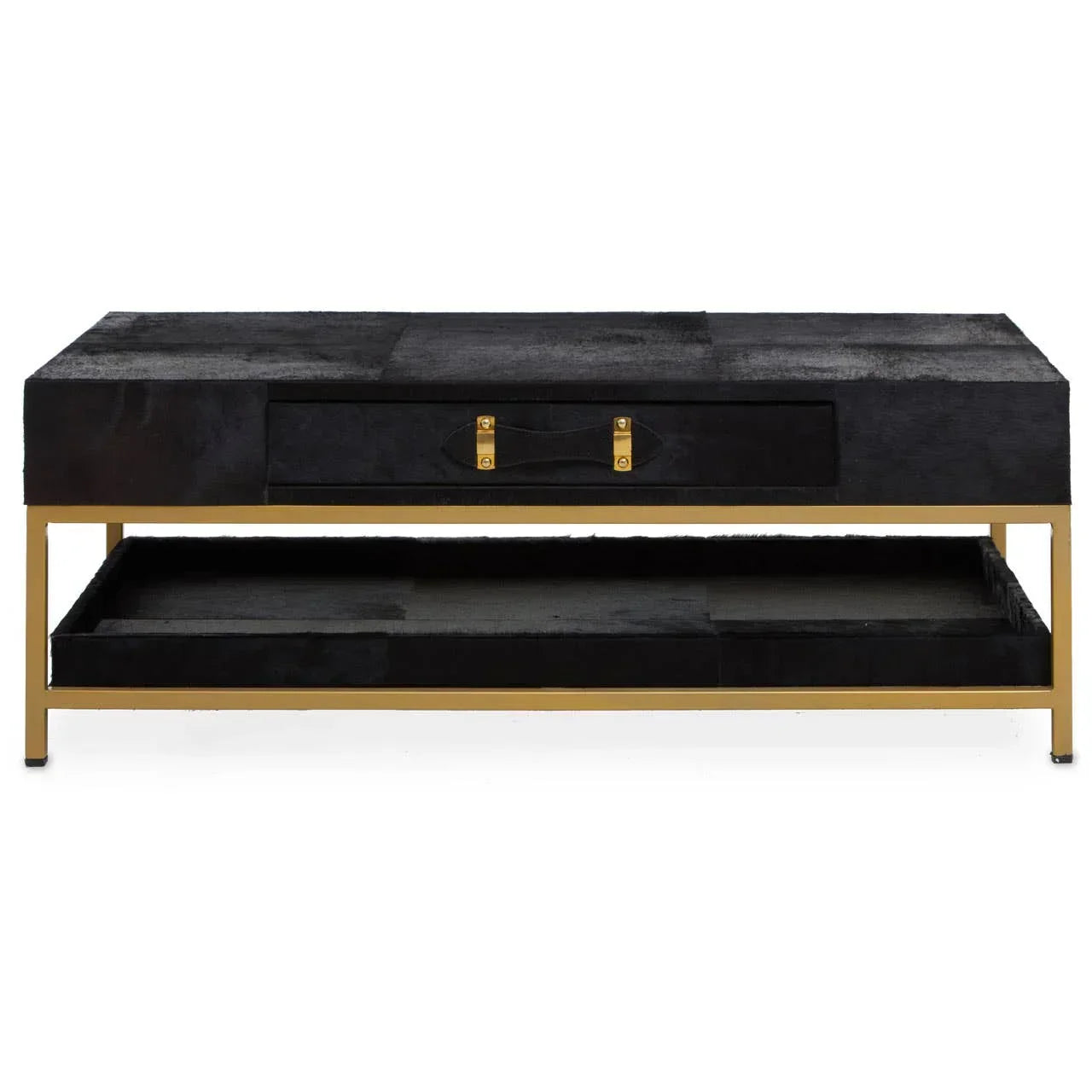 Black coffee table with gold metal frame, front drawer and lower storage shelf