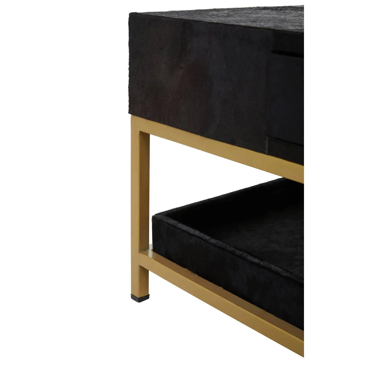 Black bedside table with gold metal frame and visible lower shelf